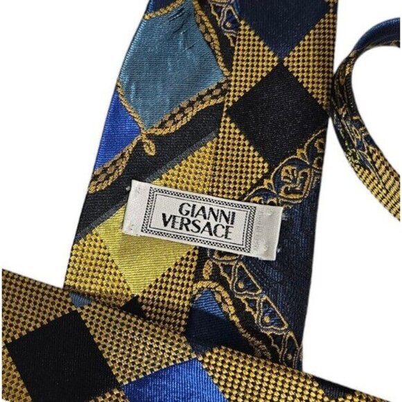 GIANNI VERSACE Men's 100% Silk Necktie LUXURY Tie Gold Blue Geometric W:3.7" EUC - Picture 2 of 4